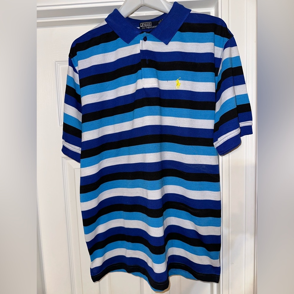 RALPH LAUREN POLO, BLUE STRIPED, MEN’S SHORT-SLEEVE POLO SHIRT          Size: XL